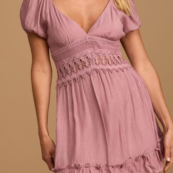 Lulu's Dusty Rose Crochet-Trim Puff Sleeve Mini Dress - Picture 5 of 11